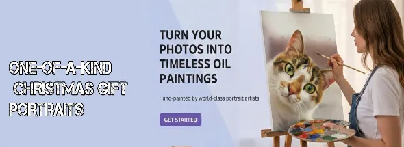 Custom Christmas gift portrait service showing an artist hand‑painting a cat from a photo, highlighting one‑of‑a‑kind holiday oil paintings.